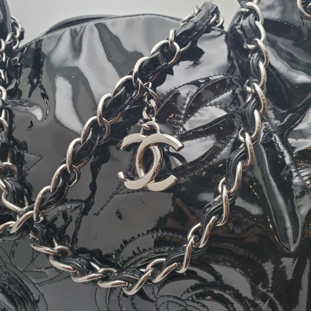 Chanel Glossy Black Bag with Silver Chain